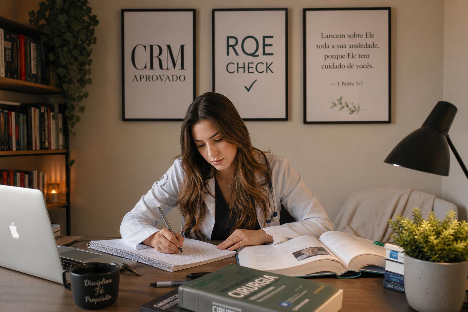 Médica estudando para Revalida e ENAMED com quadros CRM Aprovado, RQE Check e 1 Pedro 5:7
